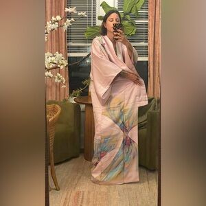 vintage satin kimono psychedelic watercolor butterfly pink blush lilac Furisode